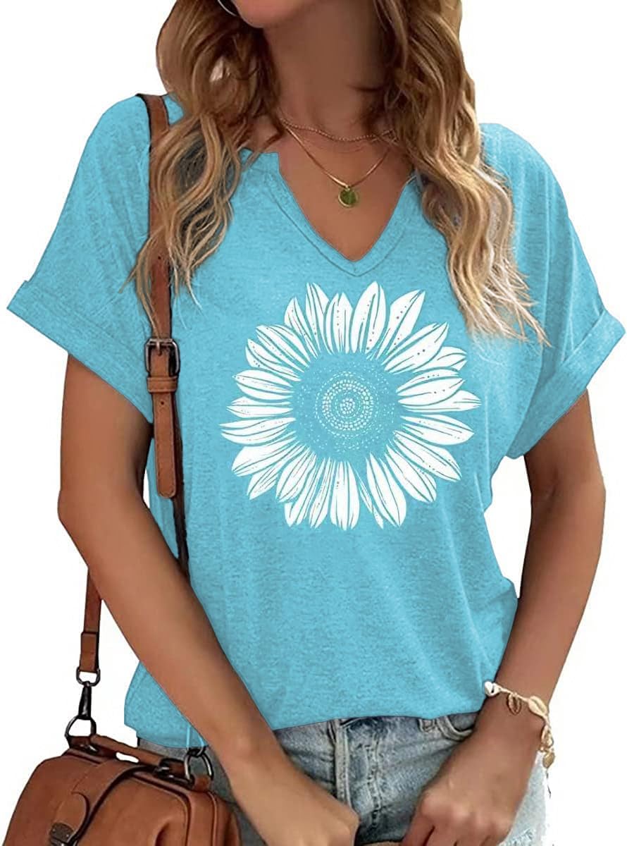 Women's Vintage Flowers Shirt Casual Boho Floral Printed T-Shirt Sunflower Wildflowers Graphic Tees Tops for Girl