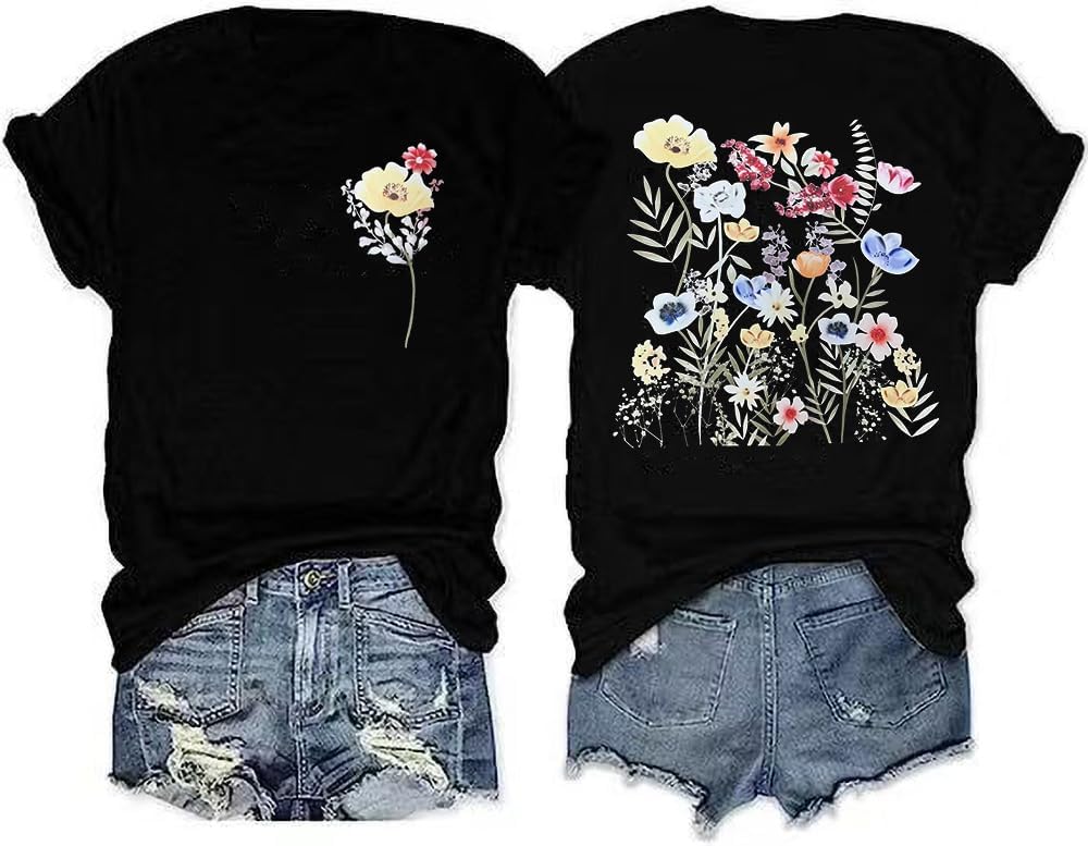 Women's Vintage Flowers Shirt Casual Boho Floral Printed T-Shirt Sunflower Wildflowers Graphic Tees Tops for Girl