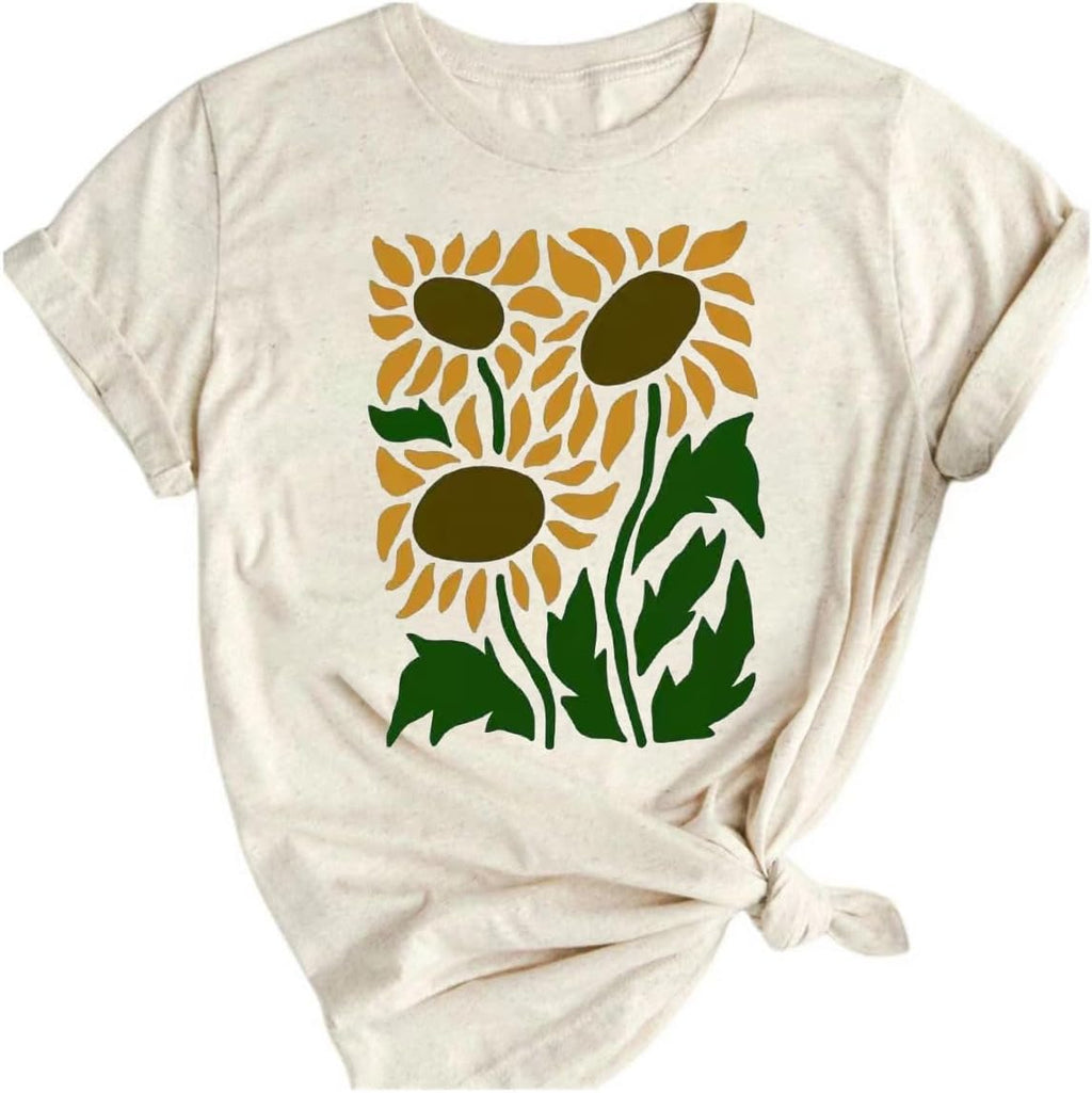 Women's Vintage Flowers Shirt Casual Boho Floral Printed T-Shirt Sunflower Wildflowers Graphic Tees Tops for Girl