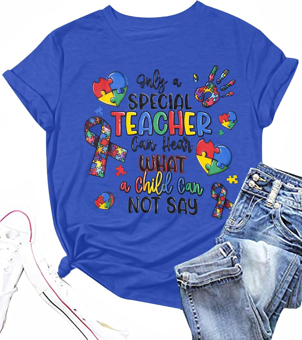 Autism Teacher Shirts for Women Autism Awareness T Shirt Special Education Teacher Short Sleeve Shirt Autism Support Tees Top