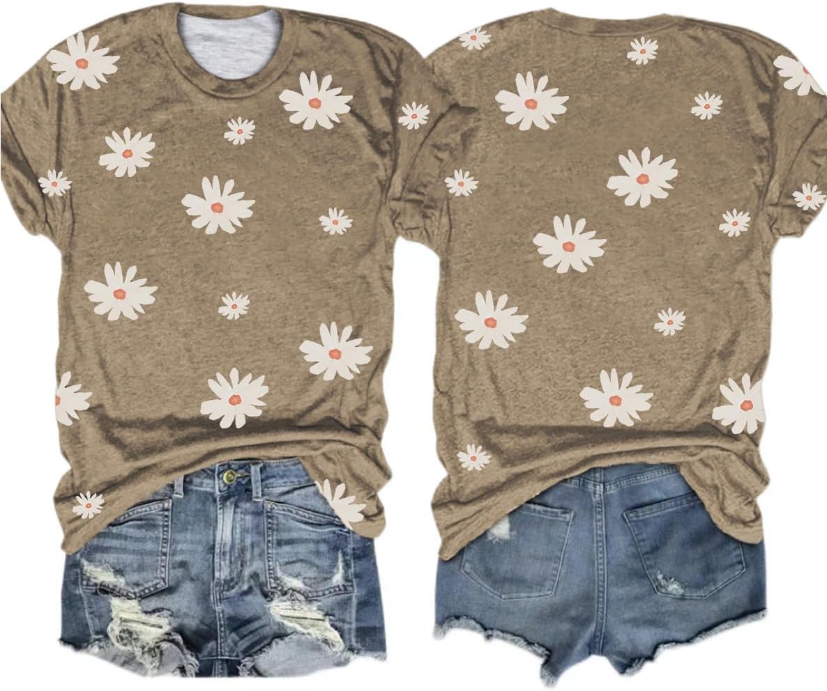 Women's Vintage Flowers Shirt Casual Boho Floral Printed T-Shirt Sunflower Wildflowers Graphic Tees Tops for Girl