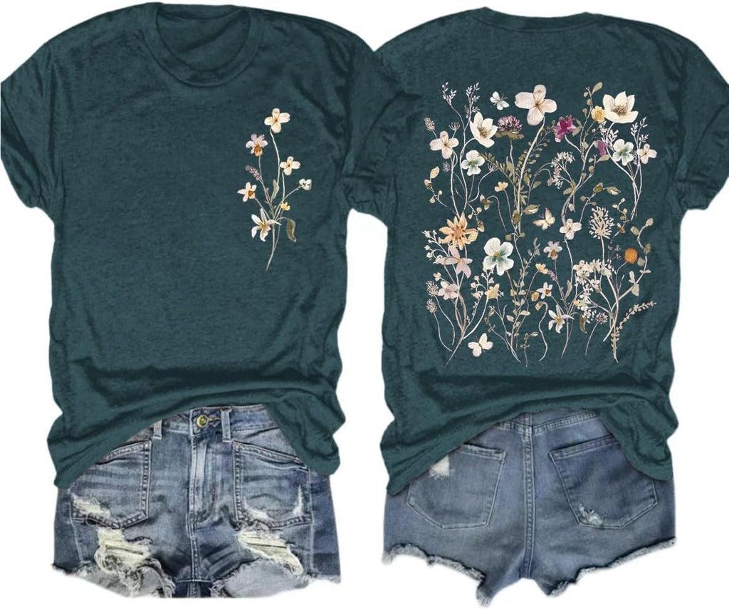 Women's Vintage Flowers Shirt Casual Boho Floral Printed T-Shirt Sunflower Wildflowers Graphic Tees Tops for Girl