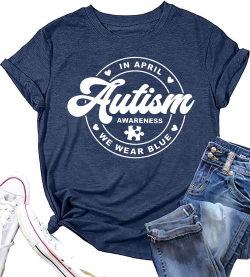 Autism Awareness Shirt for Women: in April We Wear Blue Shirts Mental Health Tee Inspirational Short Sleeve Tee Tops
