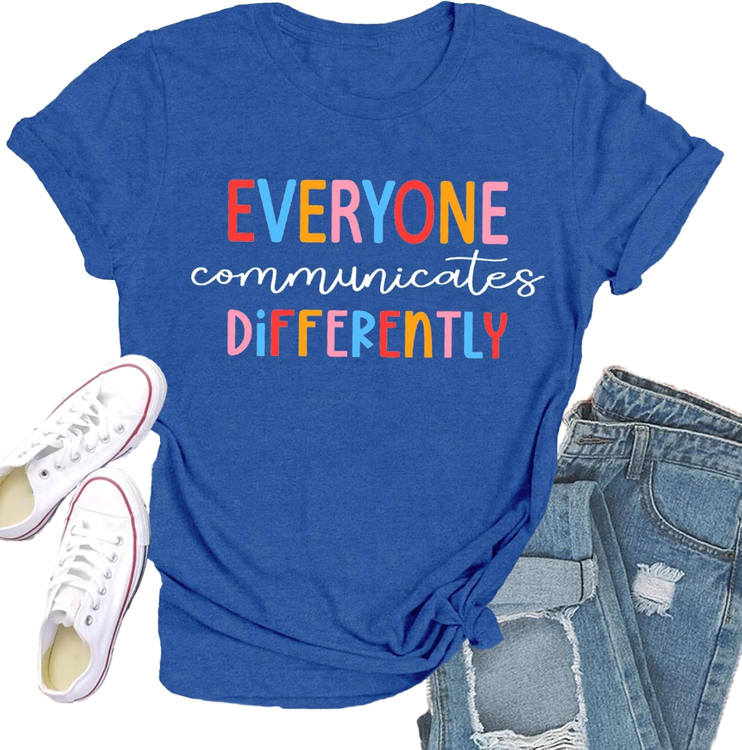 Qskall Autism Awareness Shirt for Women: Everyone Communicates Differently Tshirt Autism Advocate Tee Shirts