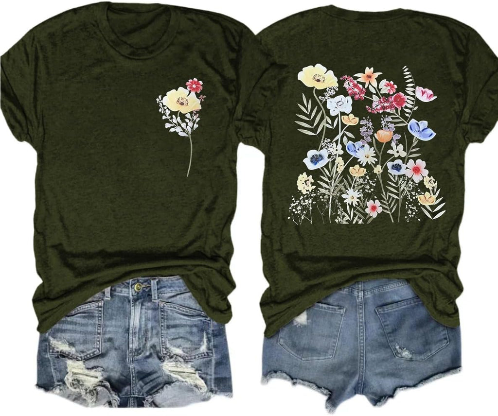 Women's Vintage Flowers Shirt Casual Boho Floral Printed T-Shirt Sunflower Wildflowers Graphic Tees Tops for Girl