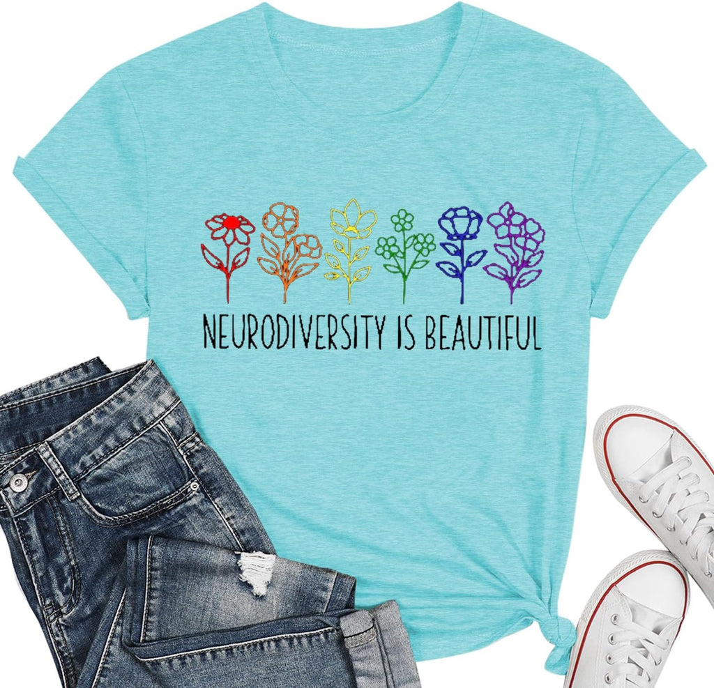 Autism Awareness Shirt Women Neurodiversity Rainbow Flower T-Shirts Special Education Teacher Gift Tee Tops